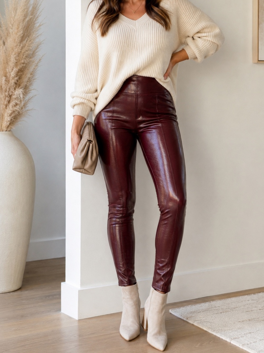 SPANX Faux Leather Leggings Burgundy Wine High Rise Skinny Pants XL